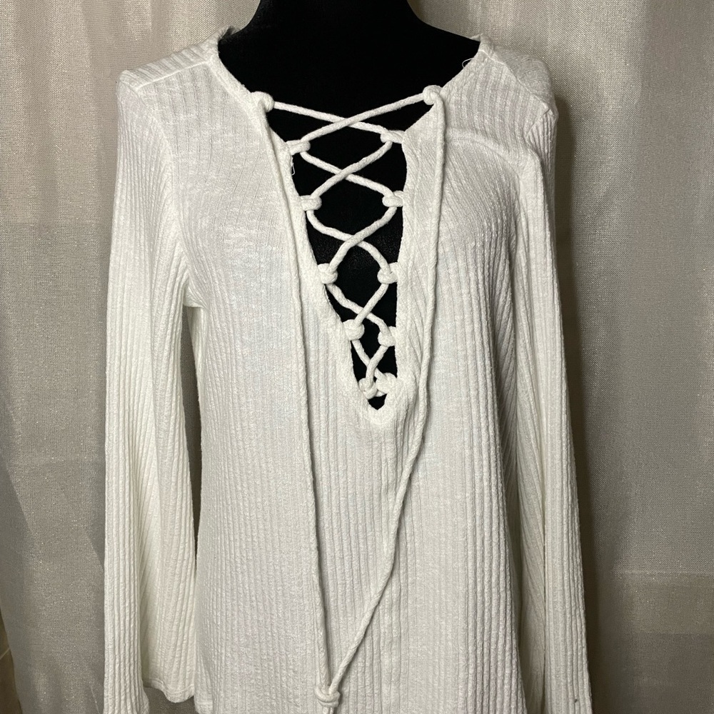 NWT Hardtail forever Women's Long Sleeve  Lace Up Casual Loose V Neck Small  